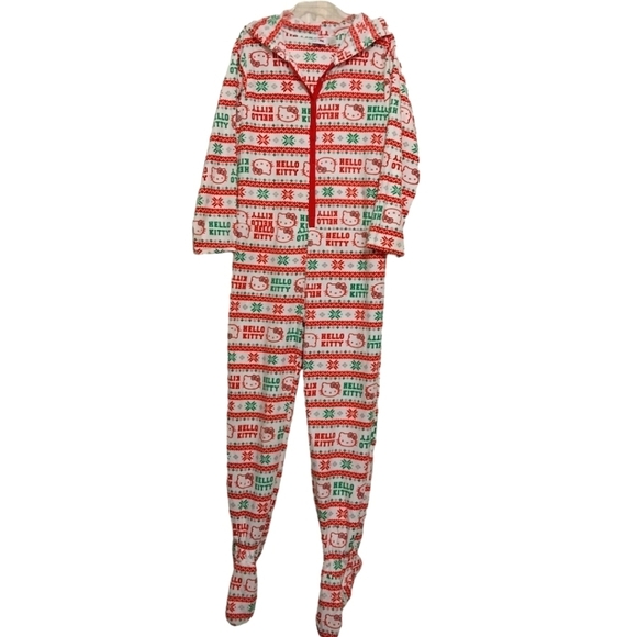✨Bogo FREE ✨ Hello Kitty Onesie Hoodie One Piece Holiday Christmas Pajamas Sz L - Picture 1 of 8